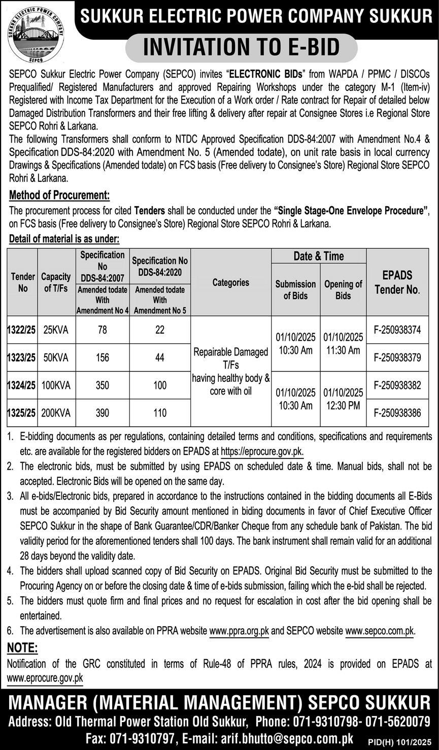 Sukkur Electric Power Company Limited Tender Notice